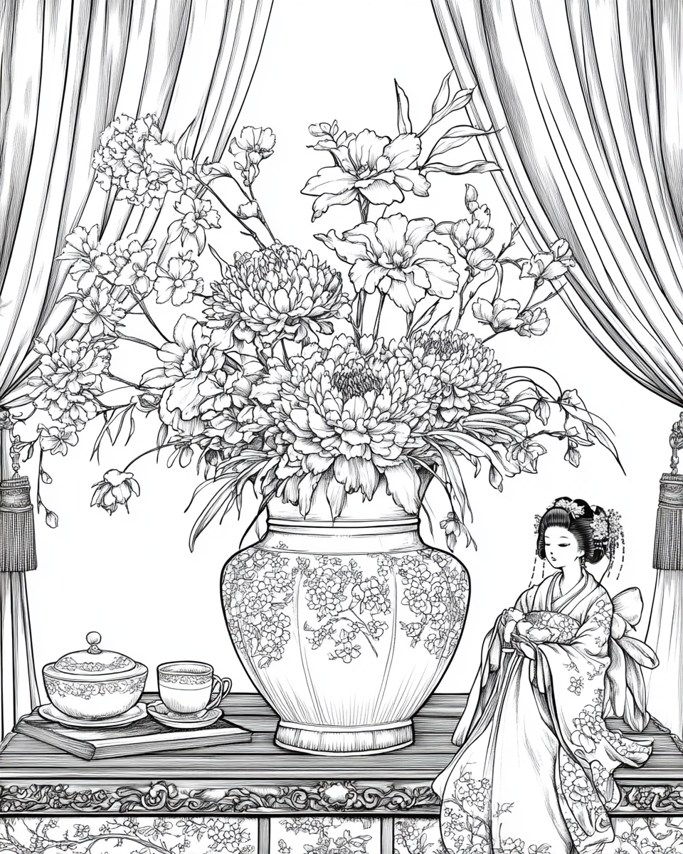 Floral Vase with Doll on Buffet Table Illustration