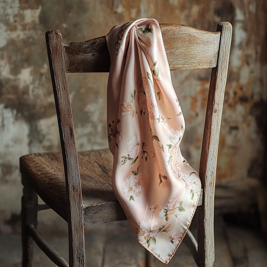 Floral silk scarf hanging over wooden chair