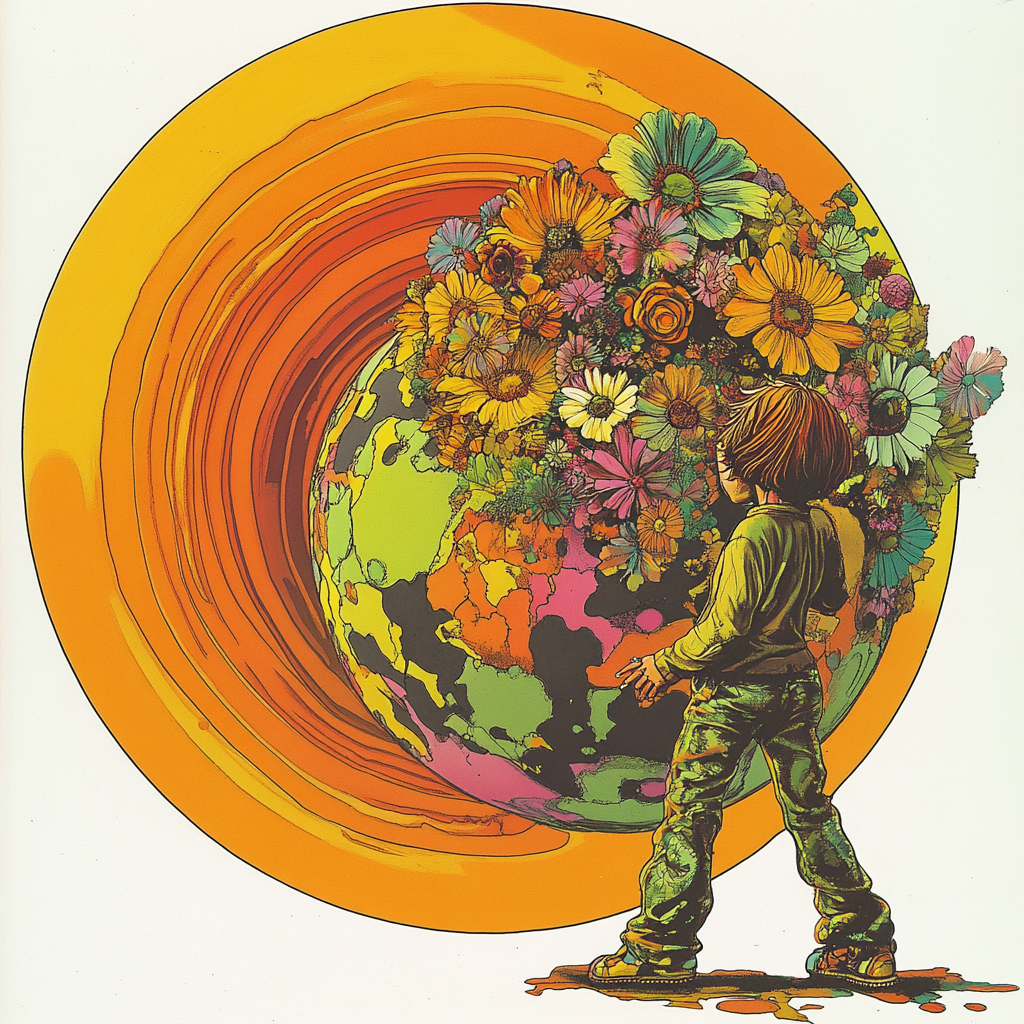 Flower child with flowers, wrecking ball, psychedelic oranges.