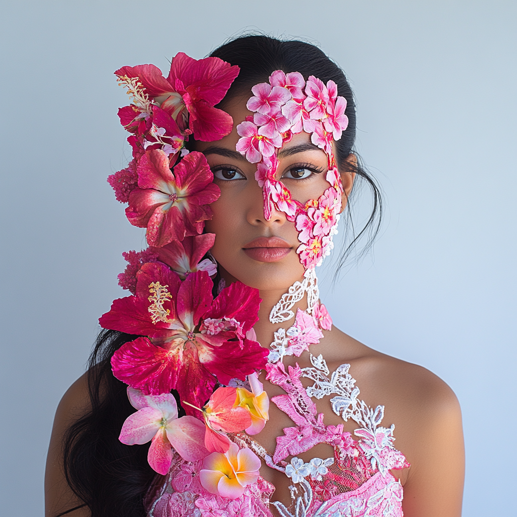 Flower crown on Hawaiian woman in pink dress