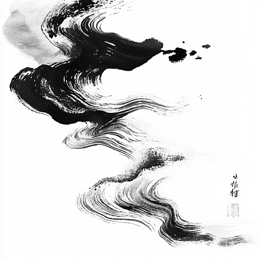 Flowing water in calming minimalist ink style