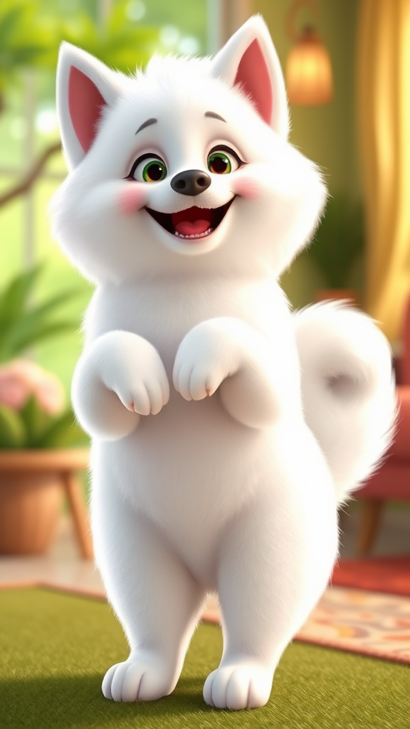 Fluffy American Eskimo Dog in Pixar Style Joyful