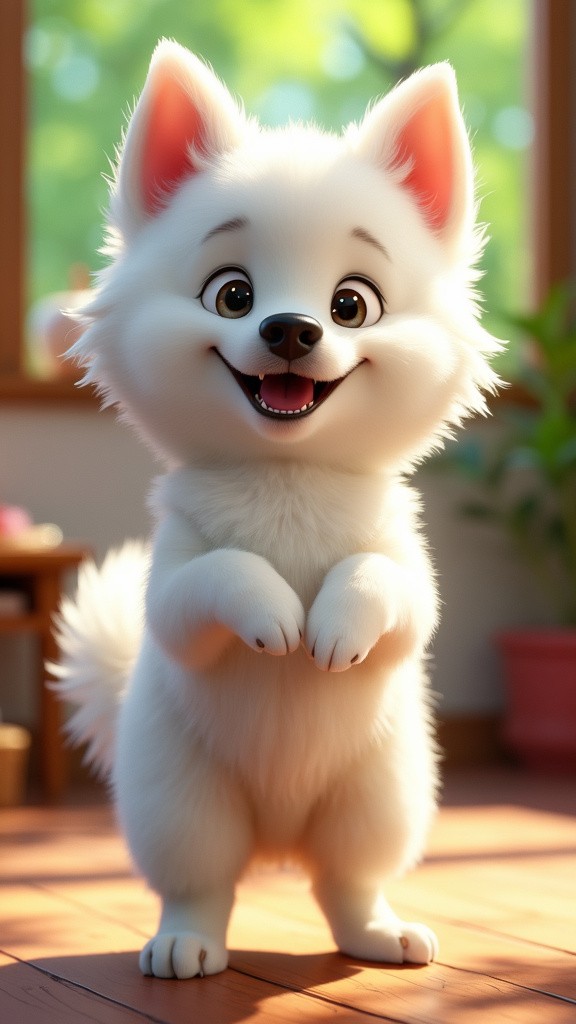 Fluffy American Eskimo Dog in Pixar Style