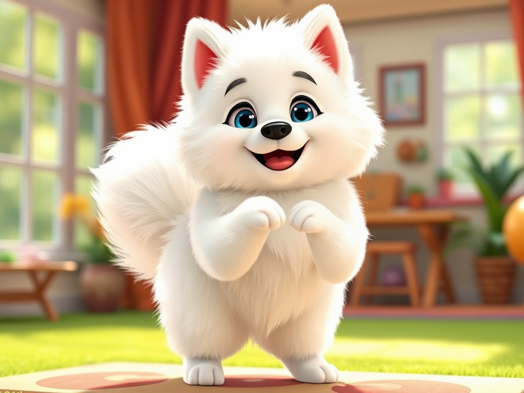 Fluffy American Eskimo dog in Pixar style.