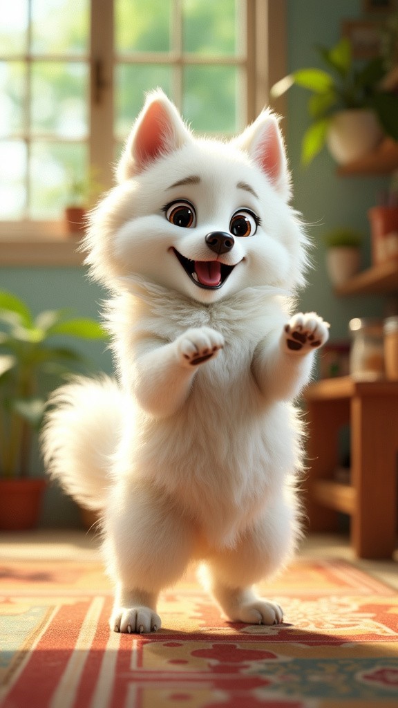 Fluffy American Eskimo dog in Pixar style.