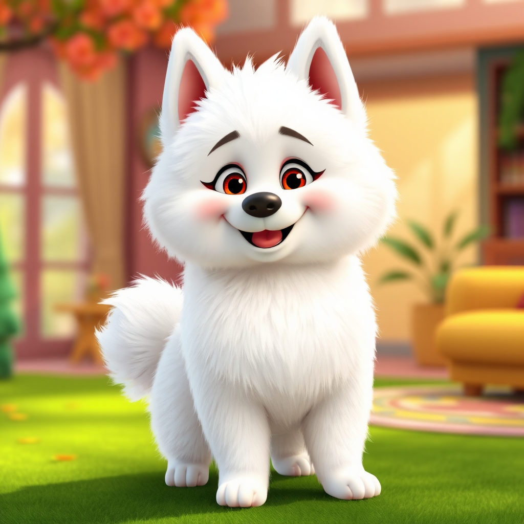 Fluffy American Eskimo in joyful Pixar style.