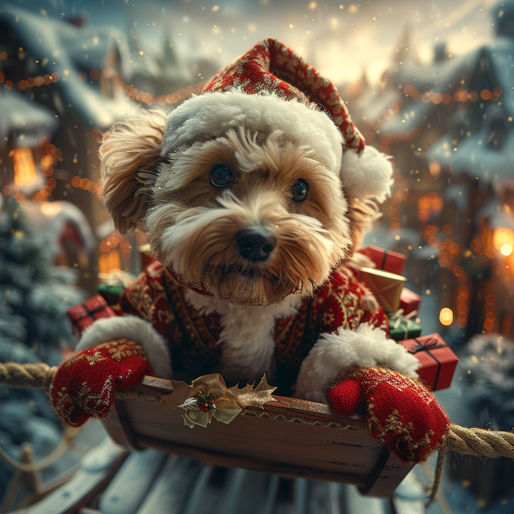 Fluffy Santa Dog Flying Through Winter Village Sky