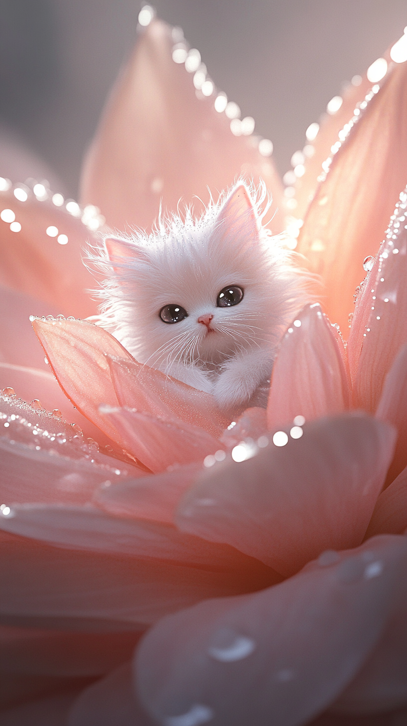 Fluffy fairy cat in pink flower glow