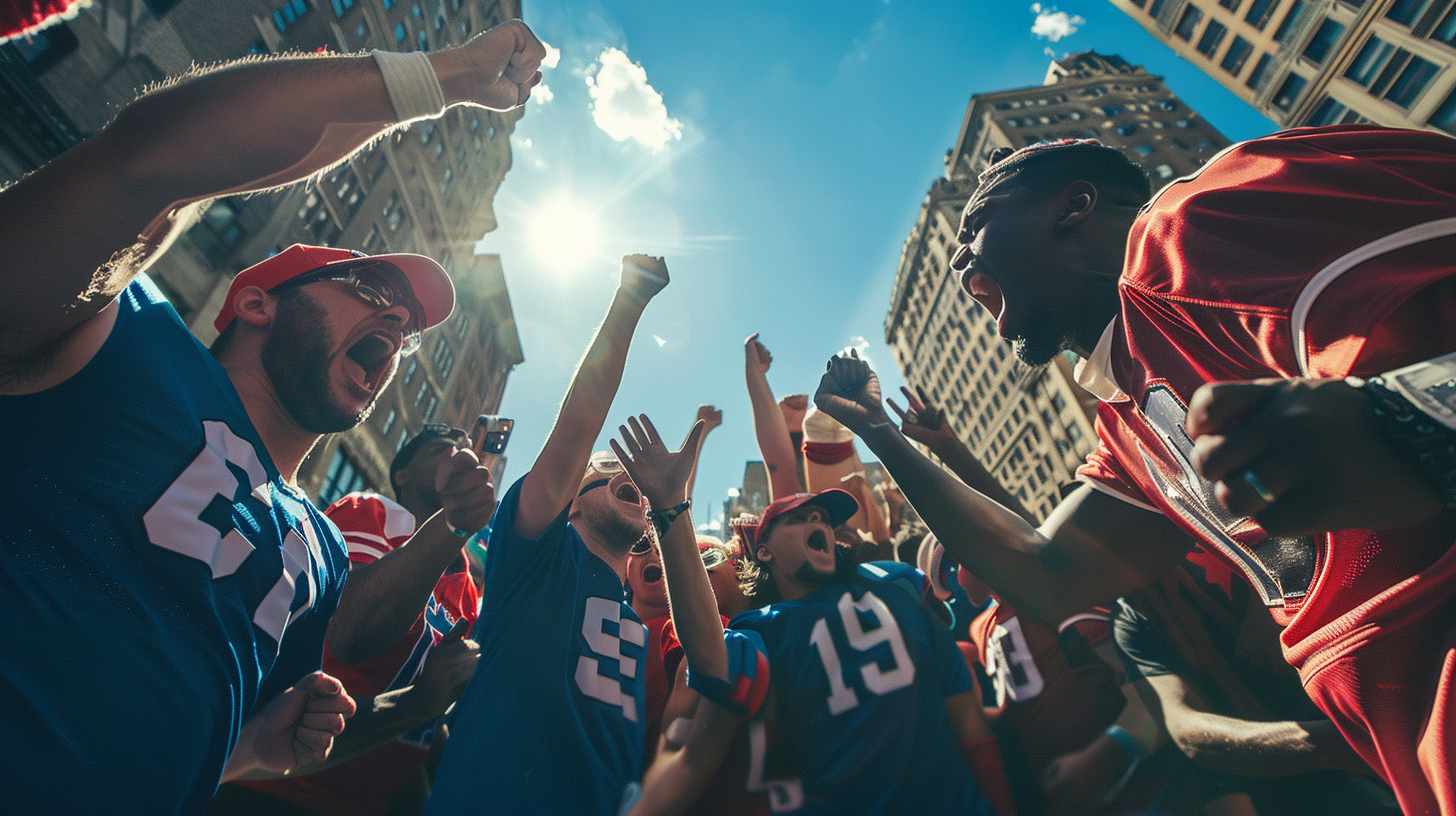 Football fans in blue and red Uniforms arguing