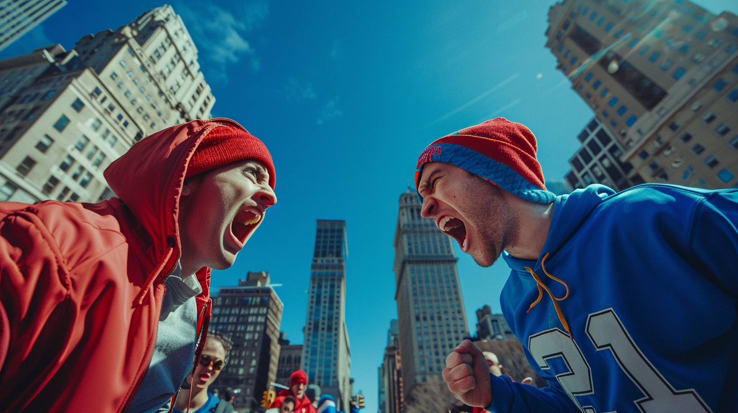 Football fans in blue and red yell dramatically