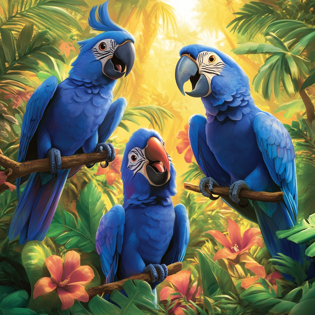 Four Blue Parrots in Tropical Dance Party