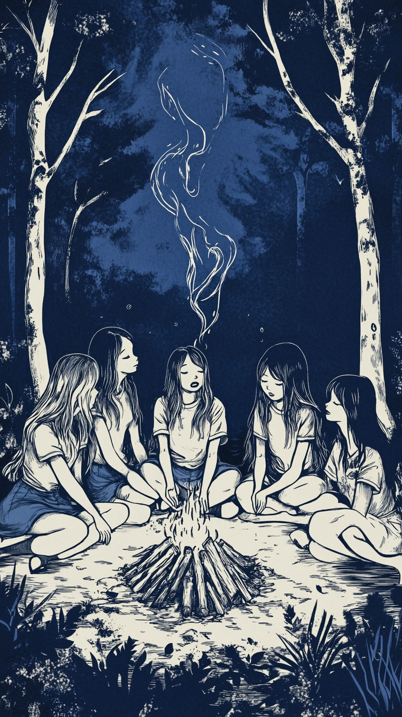 Four Girls Performing a Seance Around Campfire