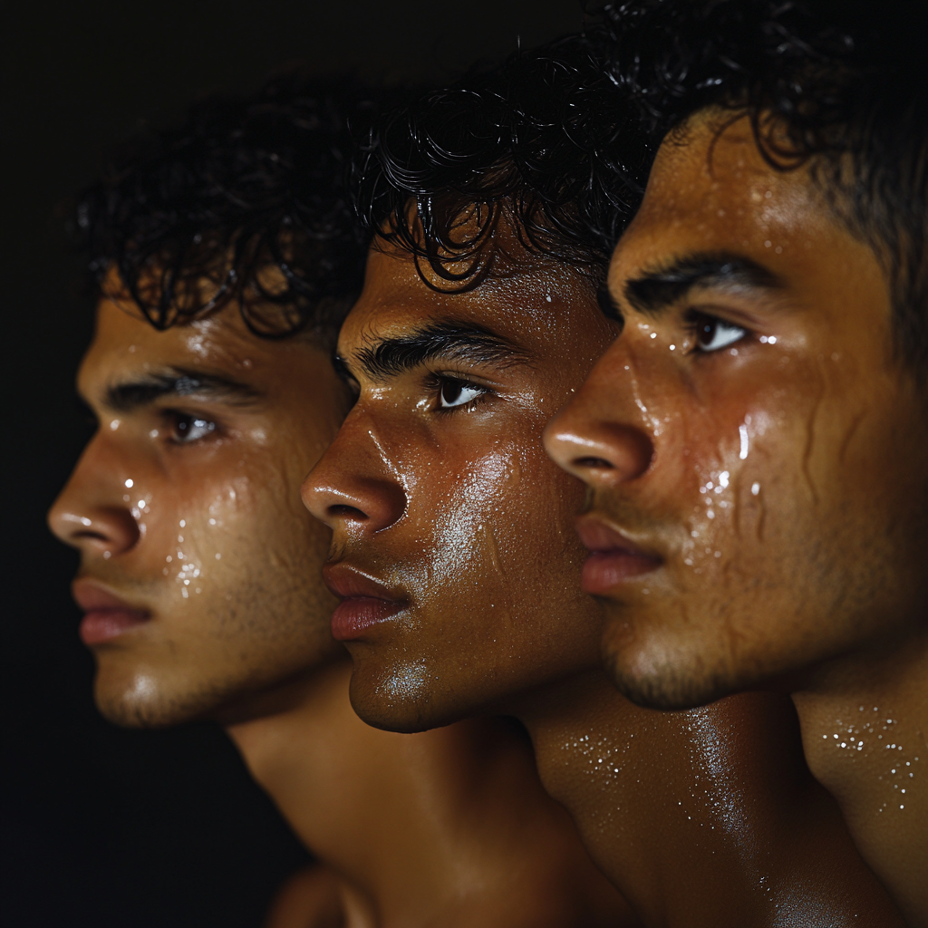 Four North African boys with unique expressions.