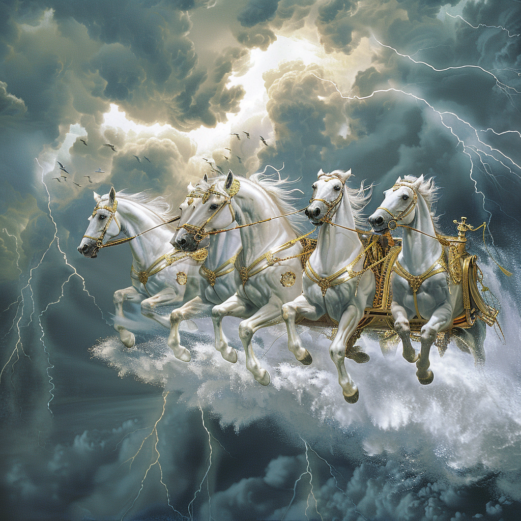 Four White Horses Pulling Golden Chariot through Storm