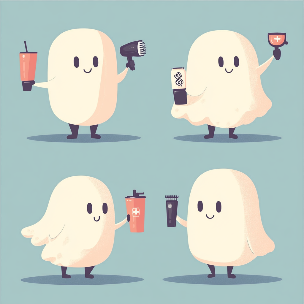 Four adorable ghost characters doing different jobs