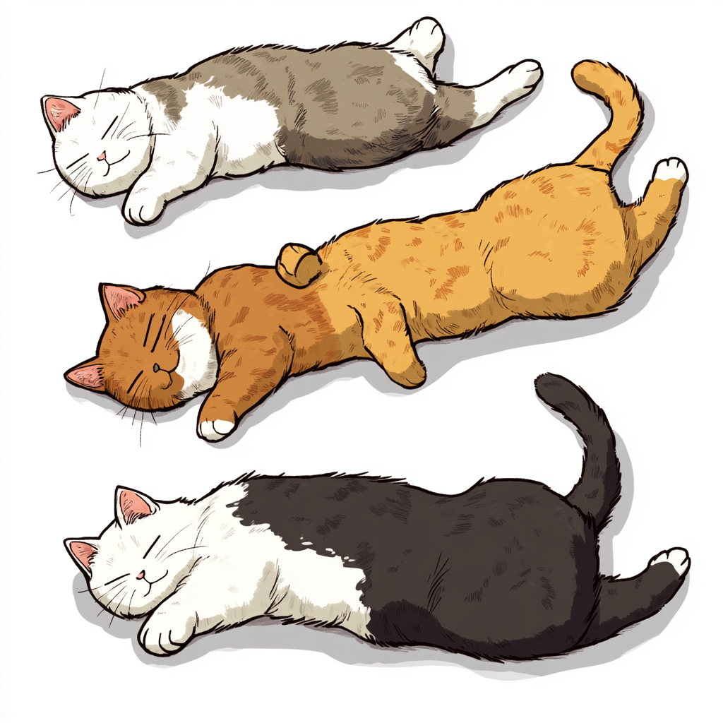 Four colorful cats sleeping with tails up.