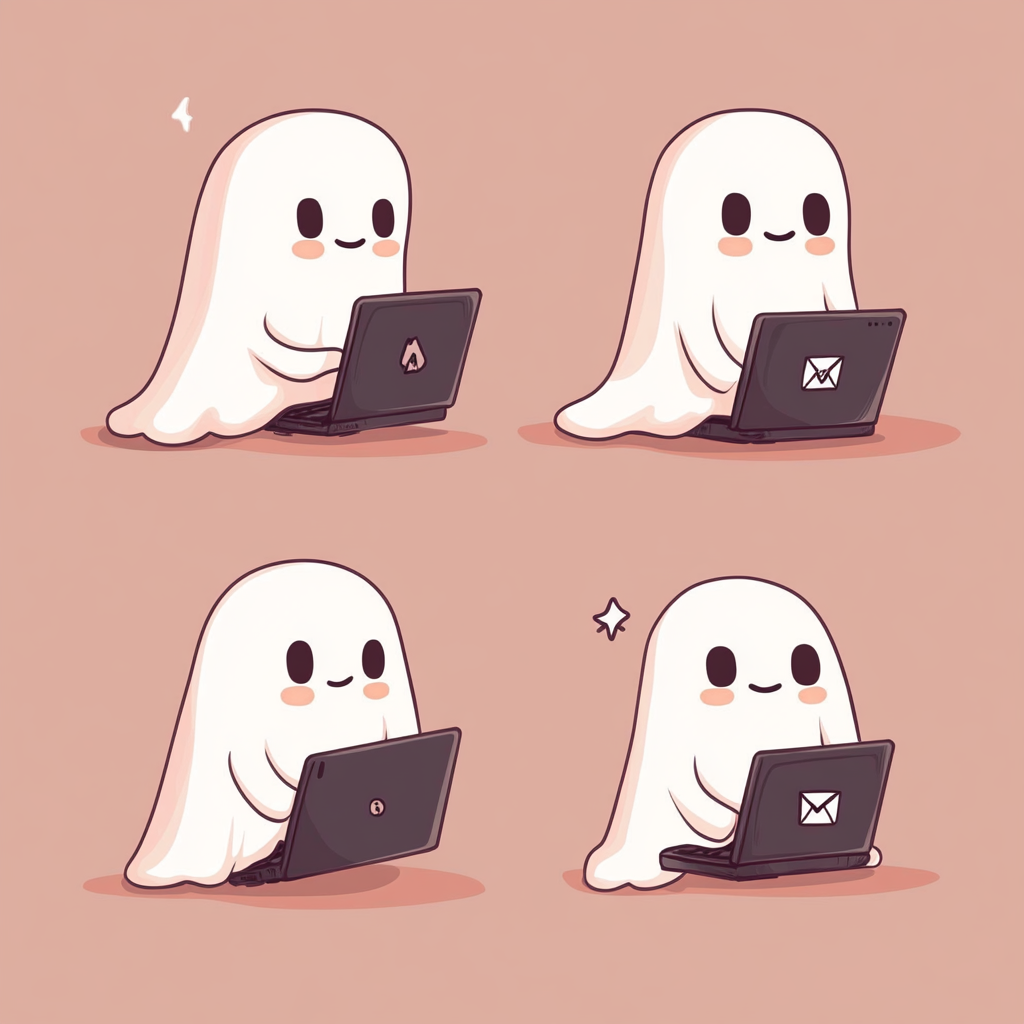 Four cute ghosts with laptop, in different poses