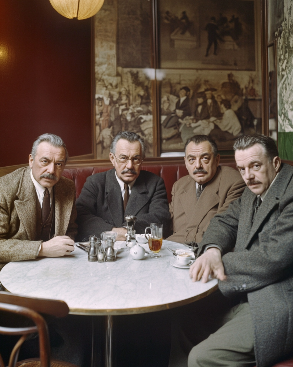 Four philosophers in 1950s Parisian café, discussing ideas.