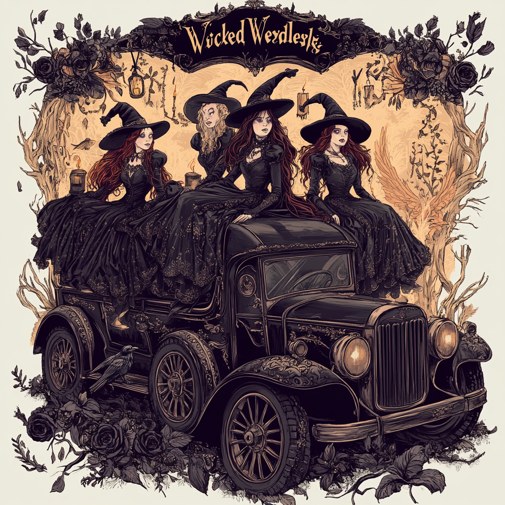 Four witches atop a decorated hearse on 'Wicked Wednesday'