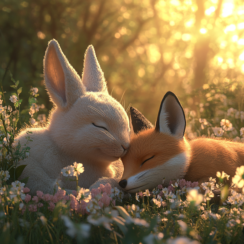 Fox and Rabbit: Peaceful Meadow Friendship