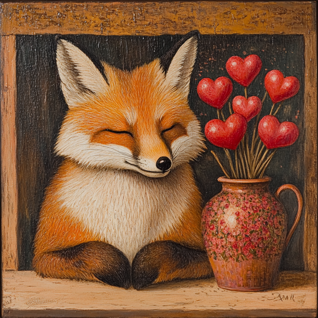 Fox dreams by fireplace, surrounded by heart symbols. Vacation souvenirs and pink peonies on mantelpiece.