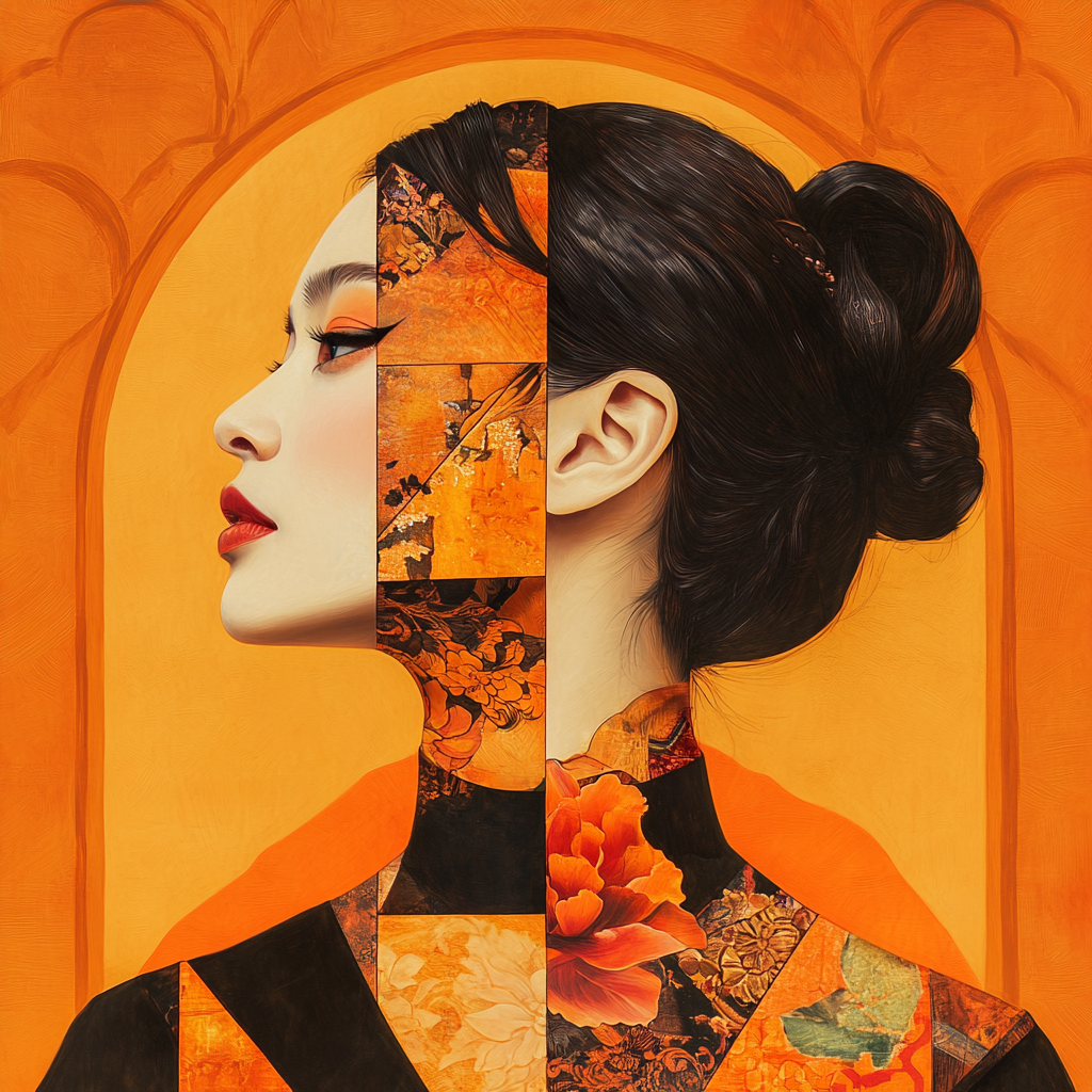 Fragmented Asian Woman: Bold Geometric Cubist Portrait