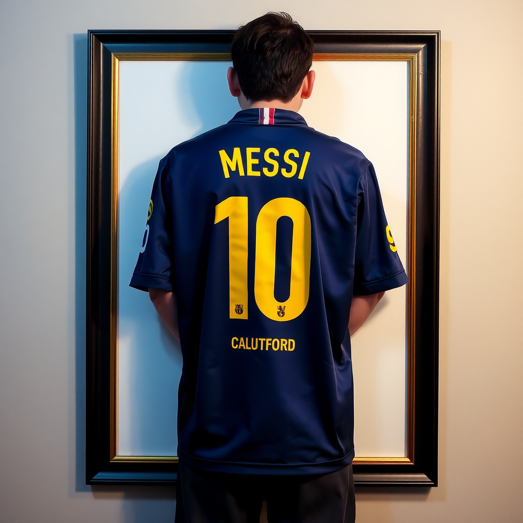 Frame on wall: Messi's dress from behind