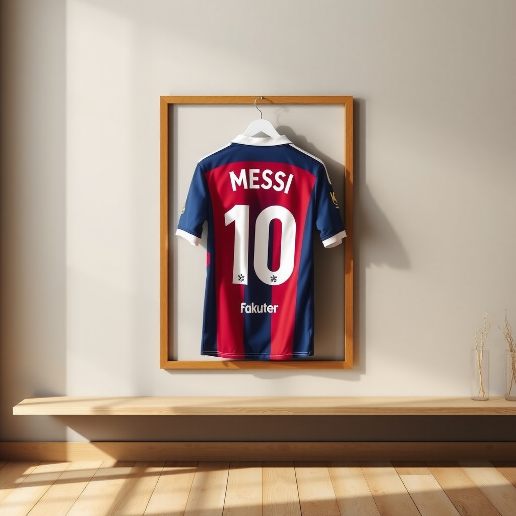 Framed Lionel Messi's clothes on wooden wall.