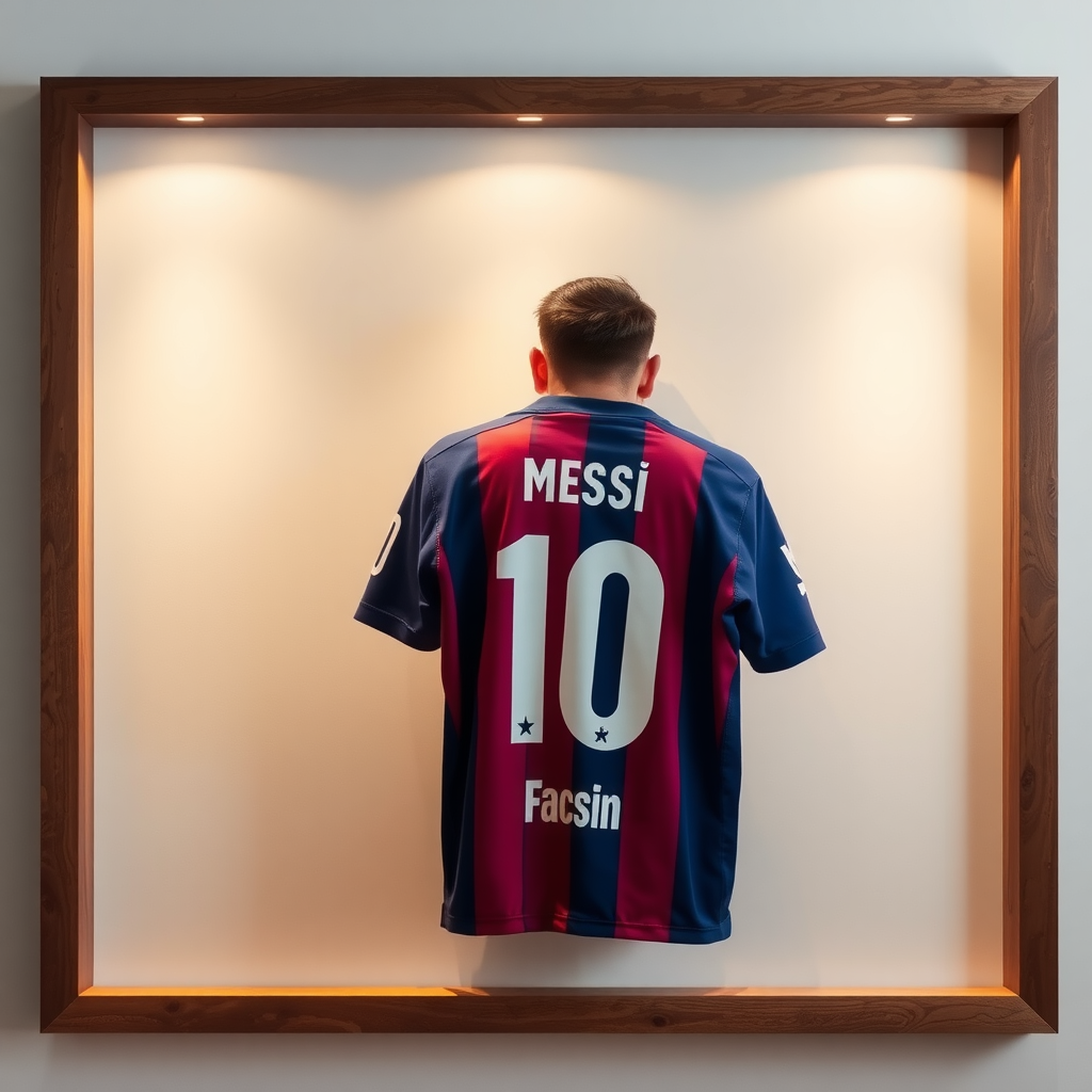 Framed Lionel Messi clothes hung on wall, seen from behind.