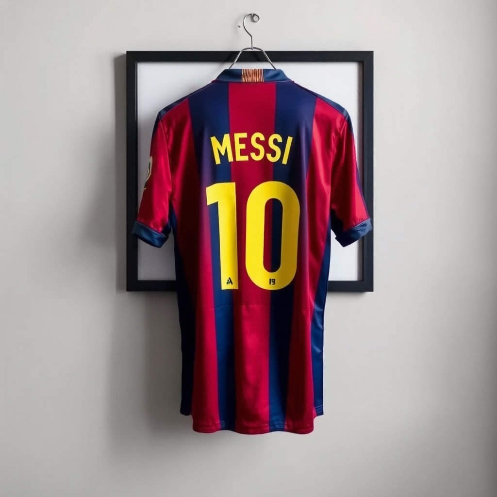 Framed picture of Messi's dress hanging on wall.