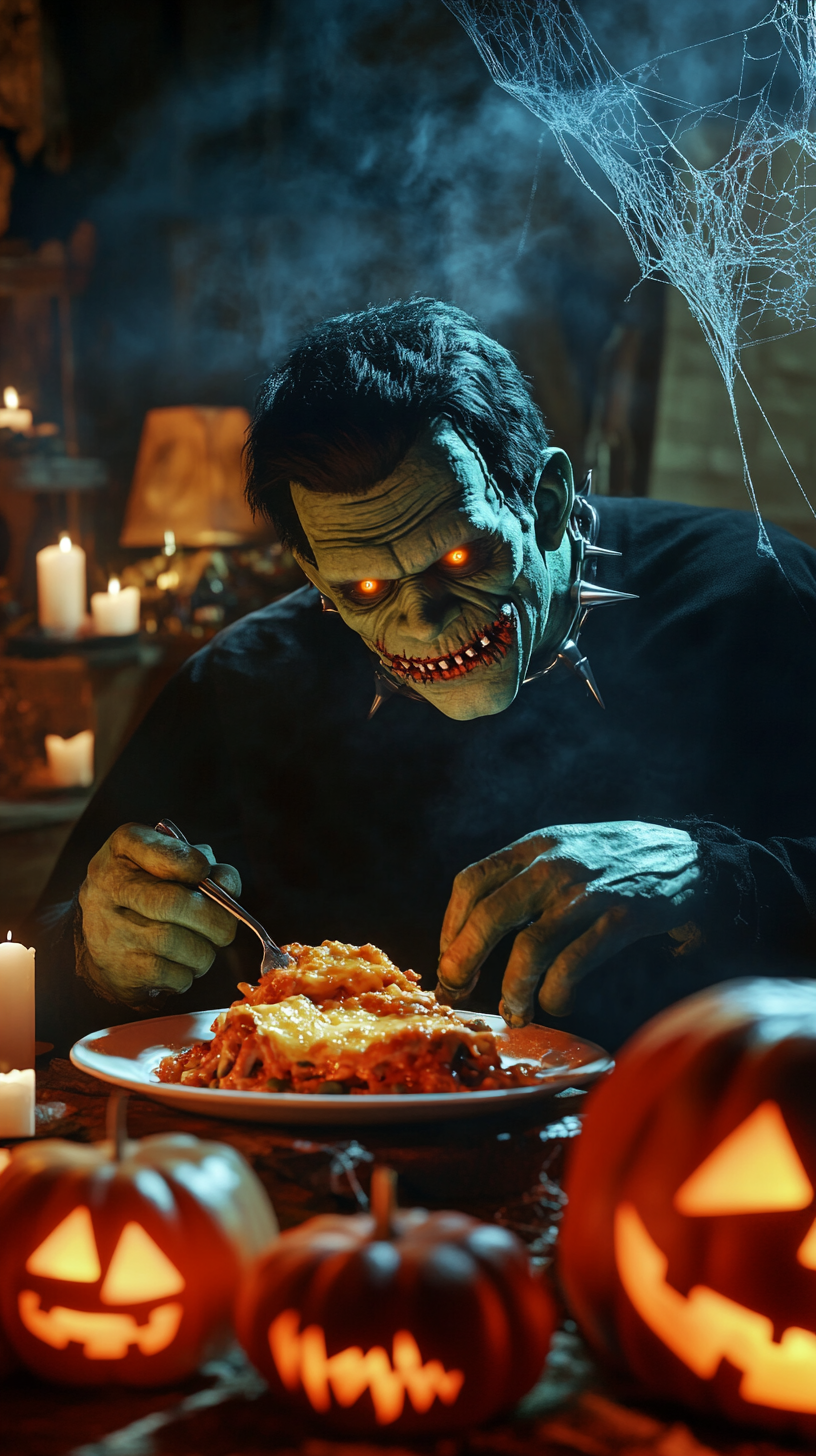 Frankenstein eating lasagna amidst Halloween decorations