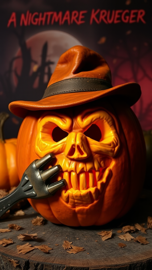 Freddy Krueger's face carved in pumpkin.