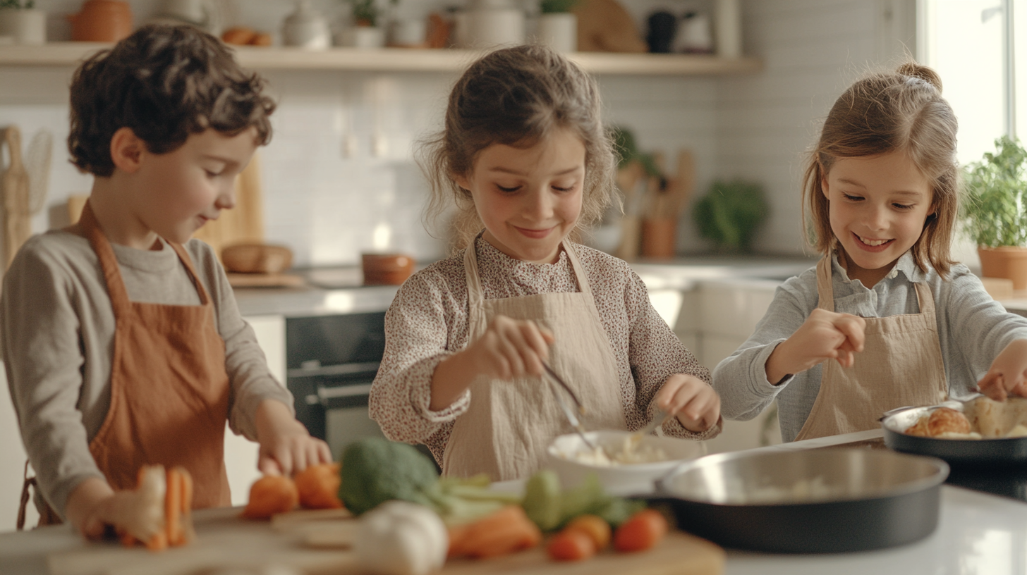 French Children Cooking Together in Bright Kitchen