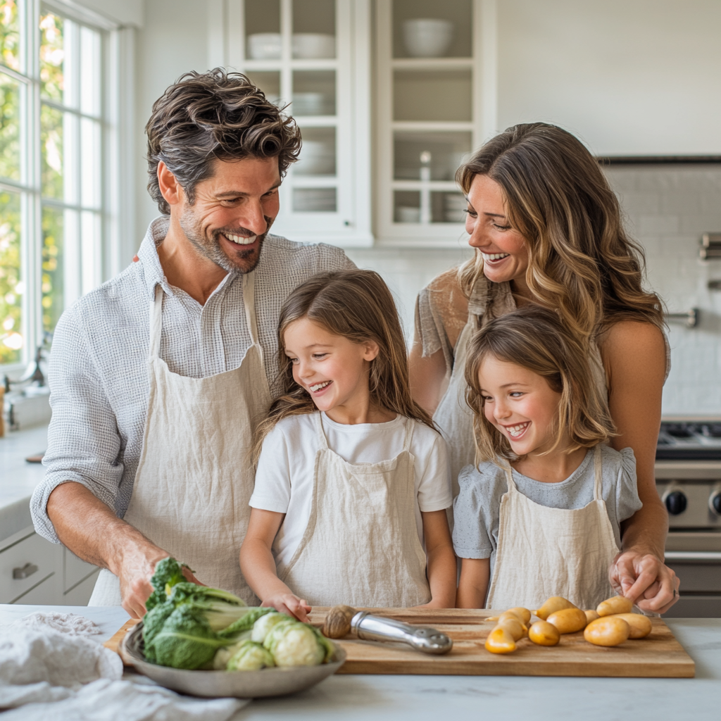 French Family Cooking Together in Modern Kitchen