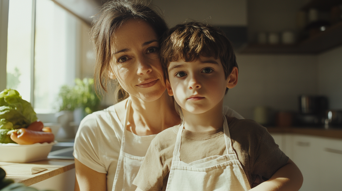 French Mother and Son Cooking Together in Kitchen