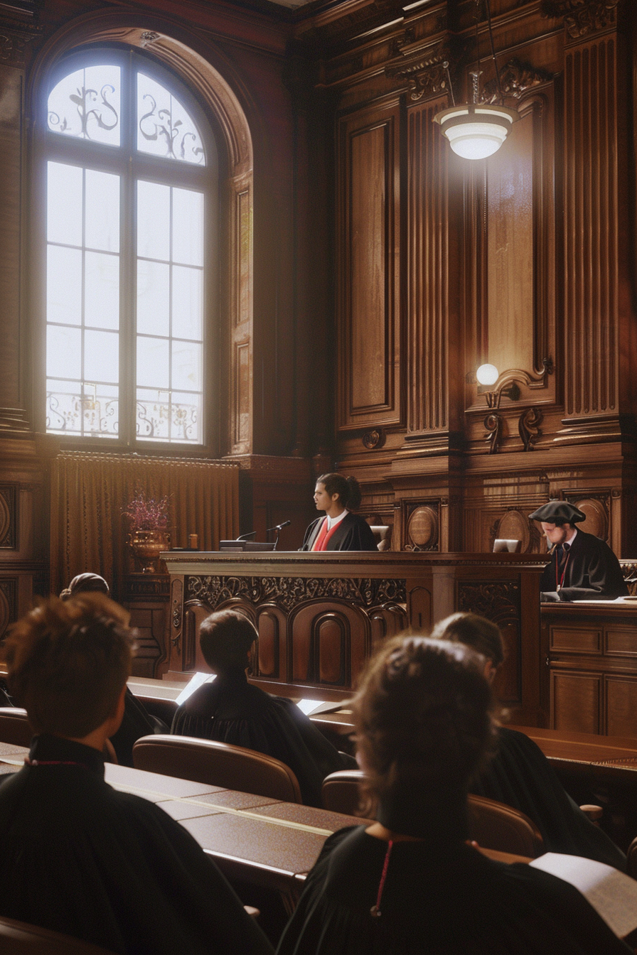 French courtroom with judges, lawyers, traditional decor, lighting.