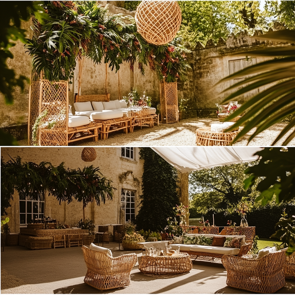 French garden wedding with tropical island theme