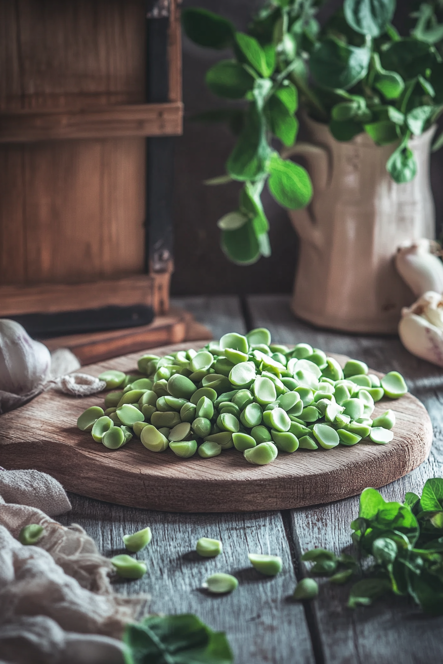 Fresh Broad Beans on Table with Decorations