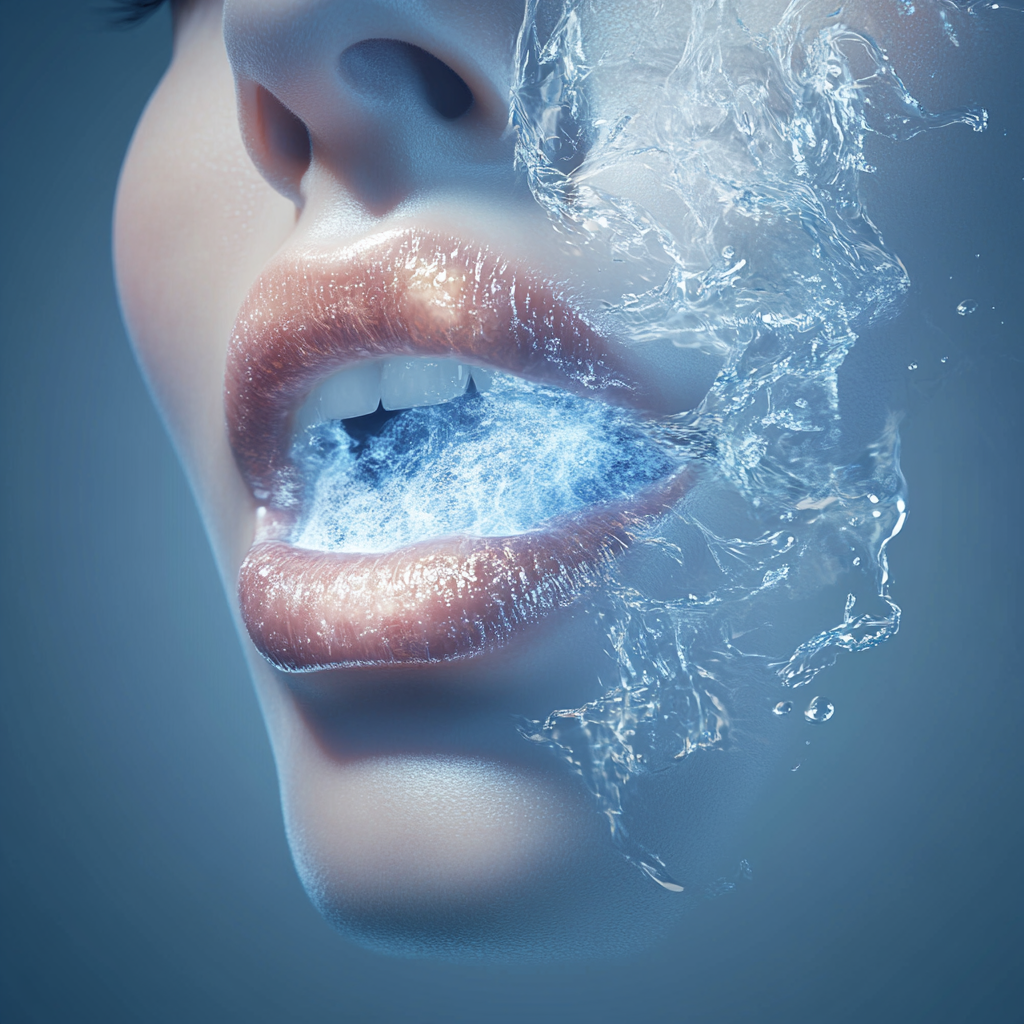 Fresh breath illustrated by young woman's icy mist mouth.