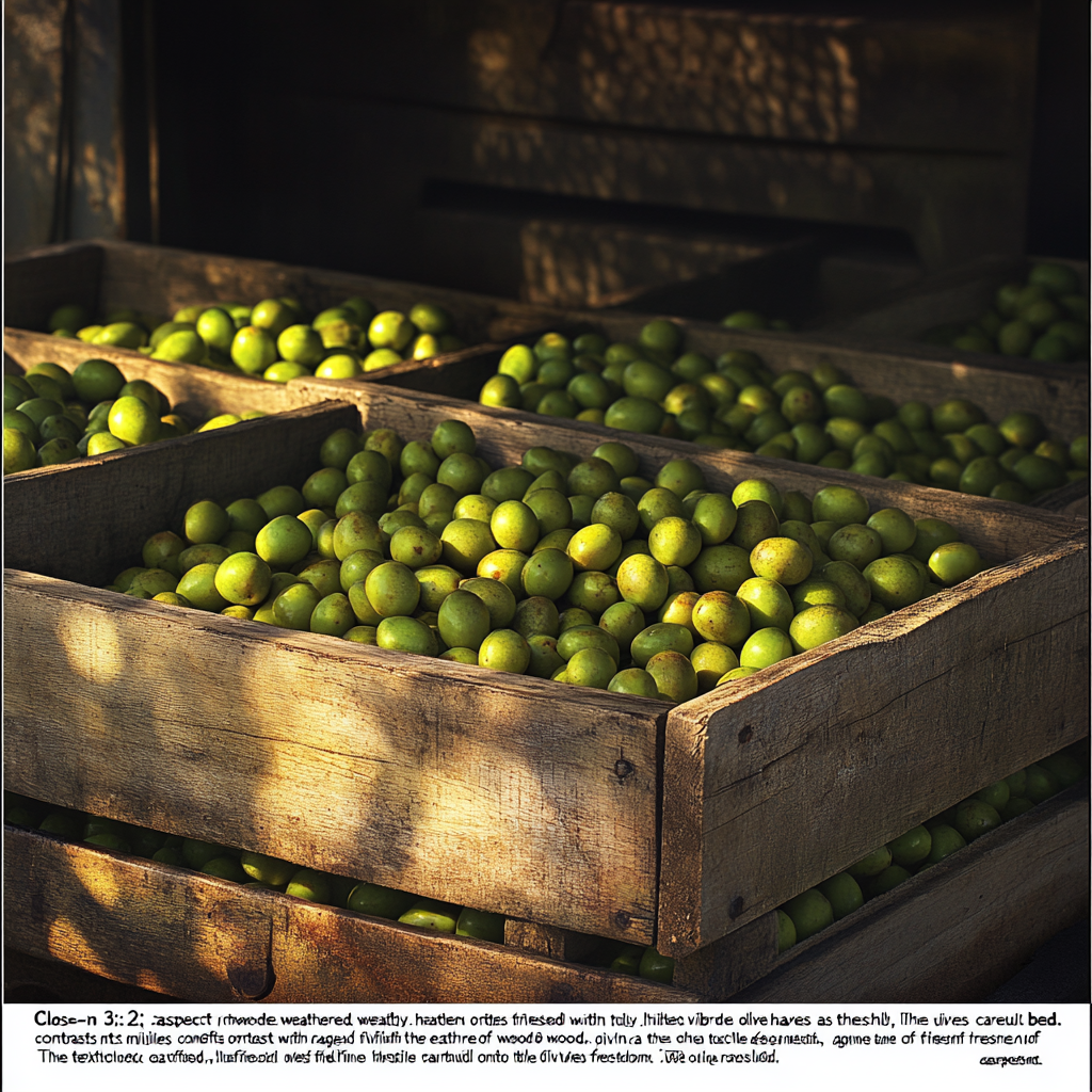 Fresh green olives in crates under golden light