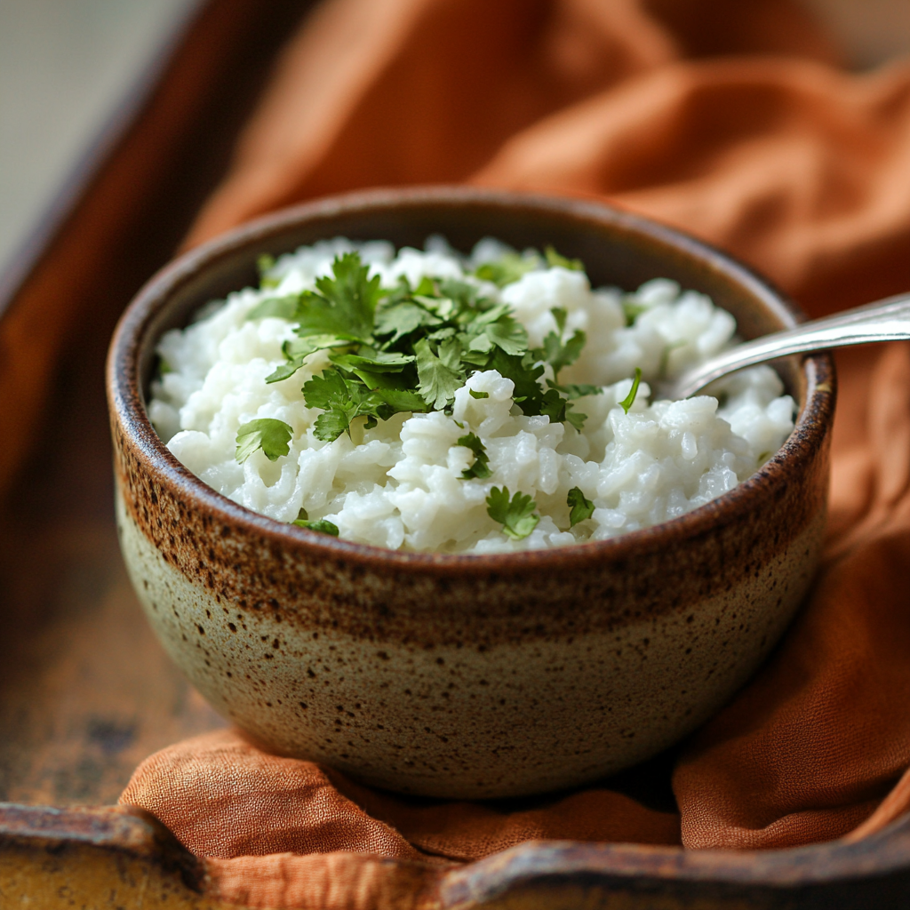 Fresh white rice with cilantro on rustic bowl