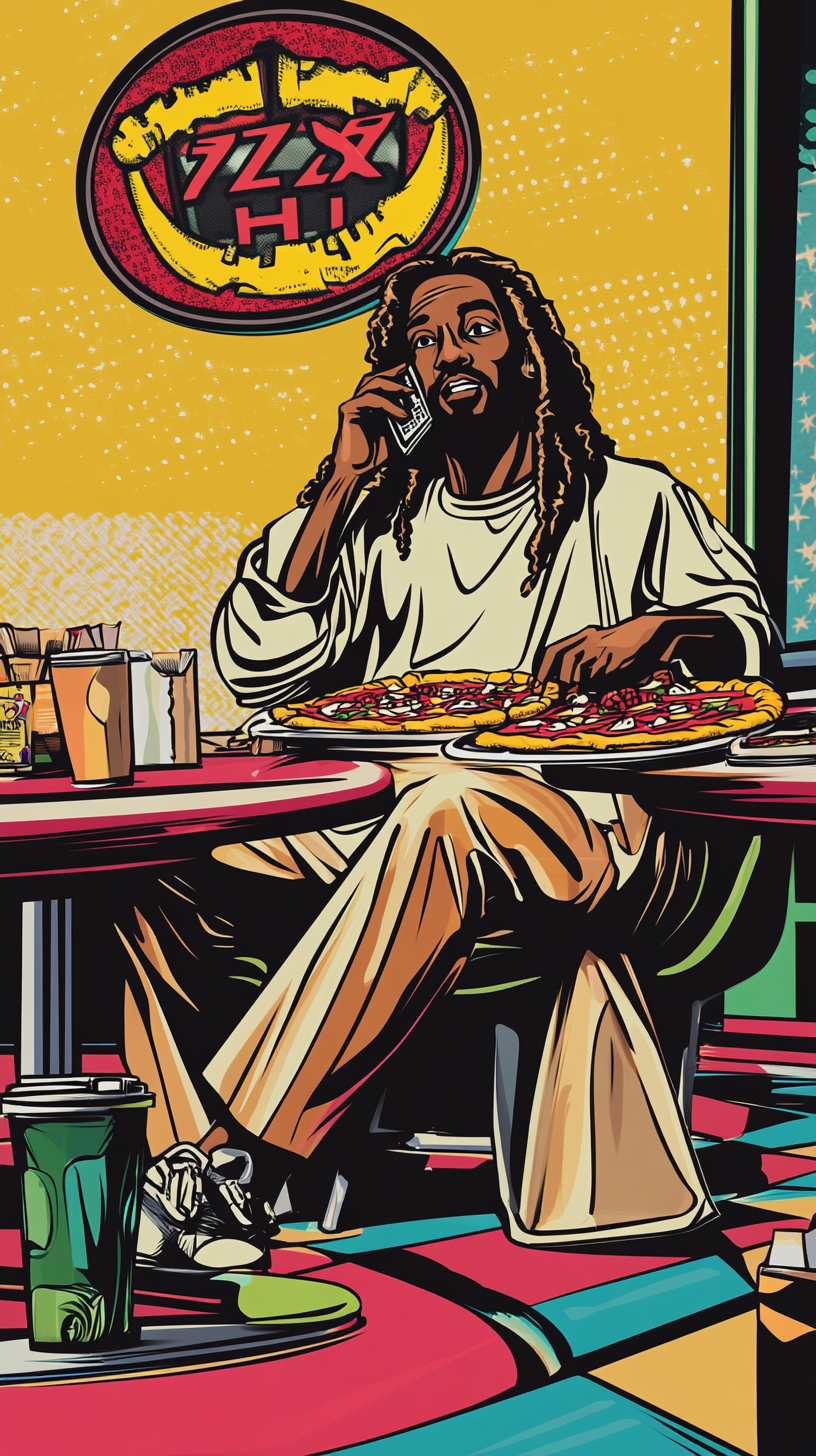 Friendly Black Jesus enjoys pizza in Pizza Hut.