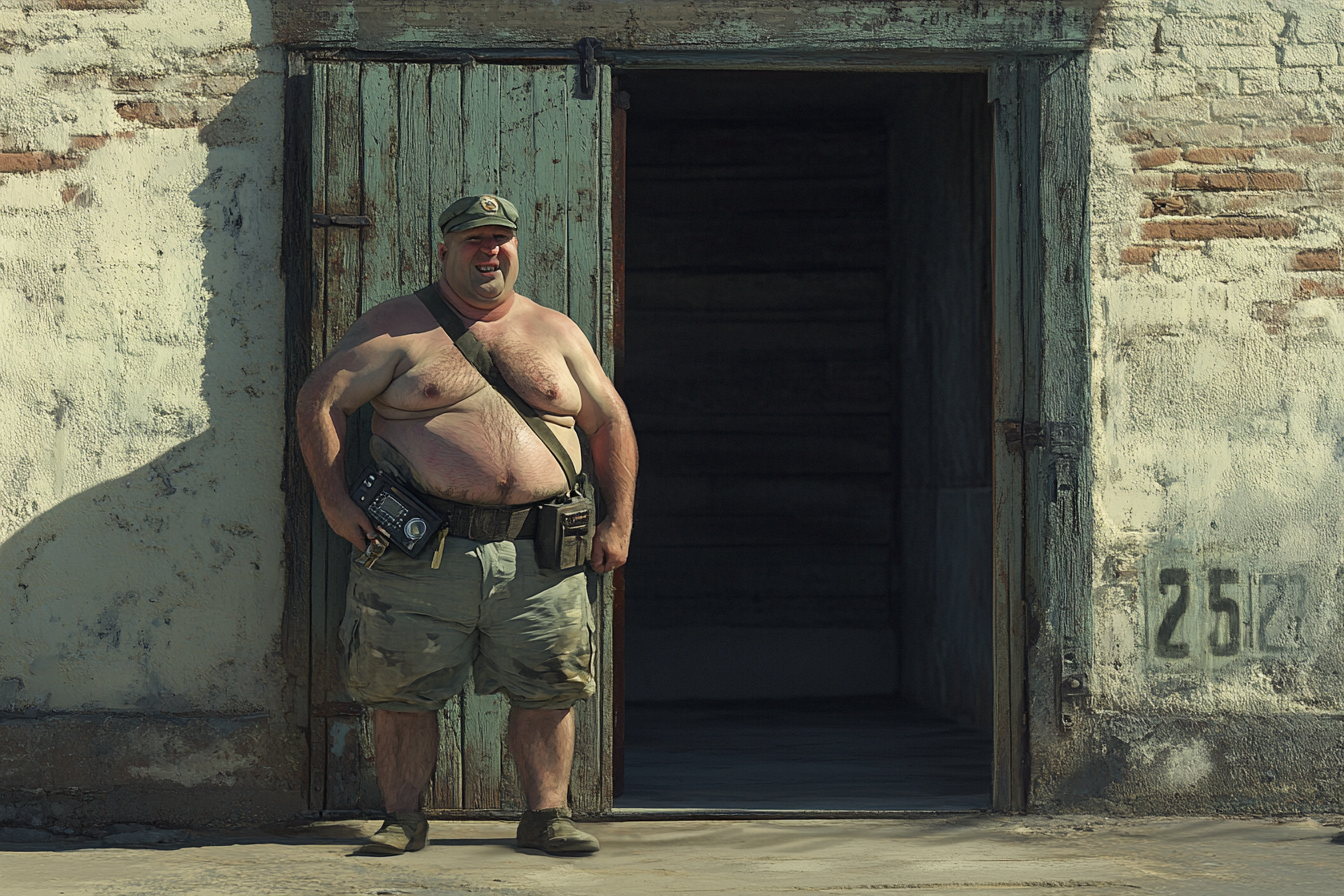 Friendly Guard Offers Keys in Guardhouse Doorway.