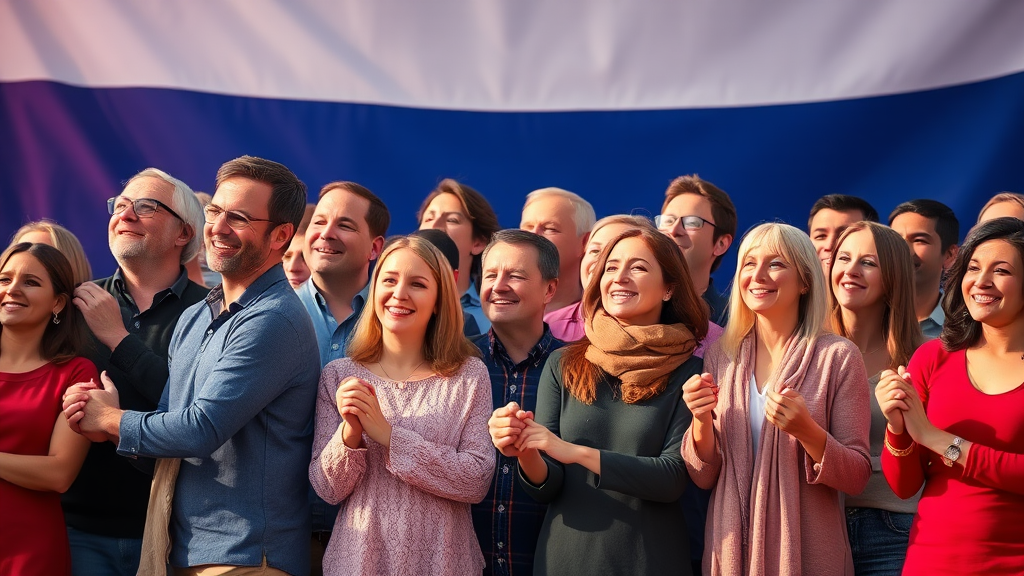 Friendly People Holding Hands in Front of Russian Flag