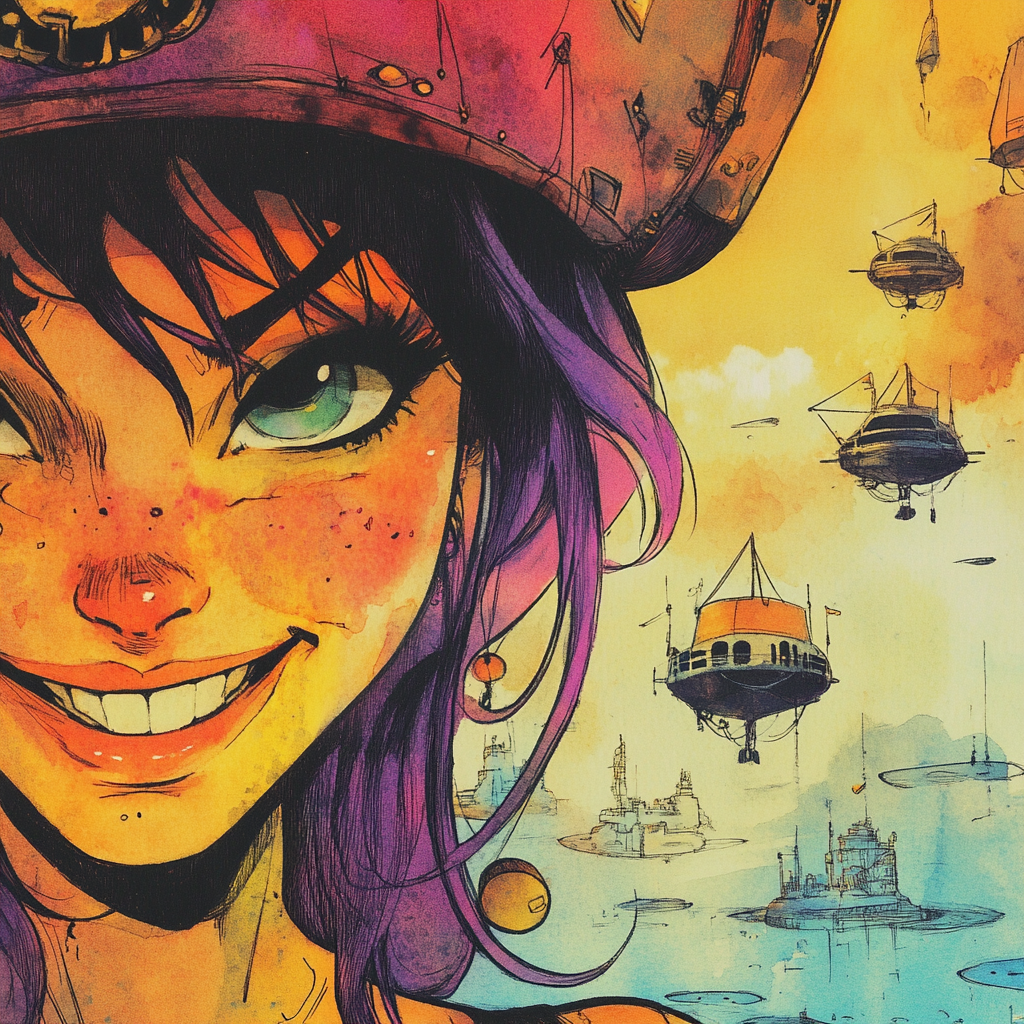 Friendly female pirate smiles with airships and islands