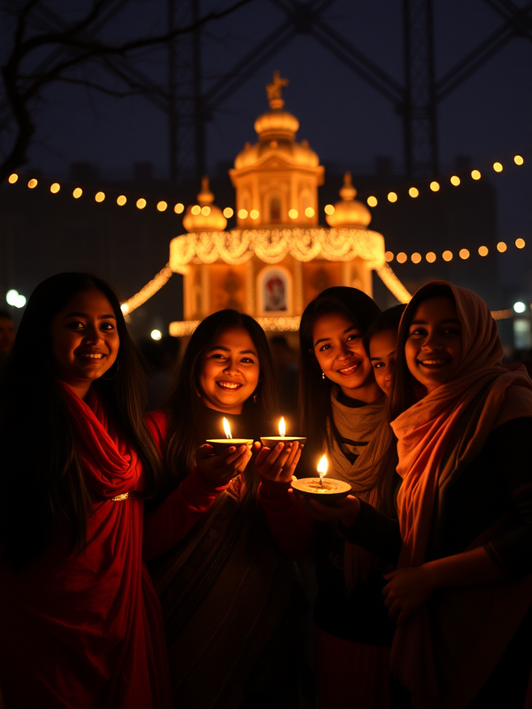 Friends celebrating Diwali with lights in Canada.