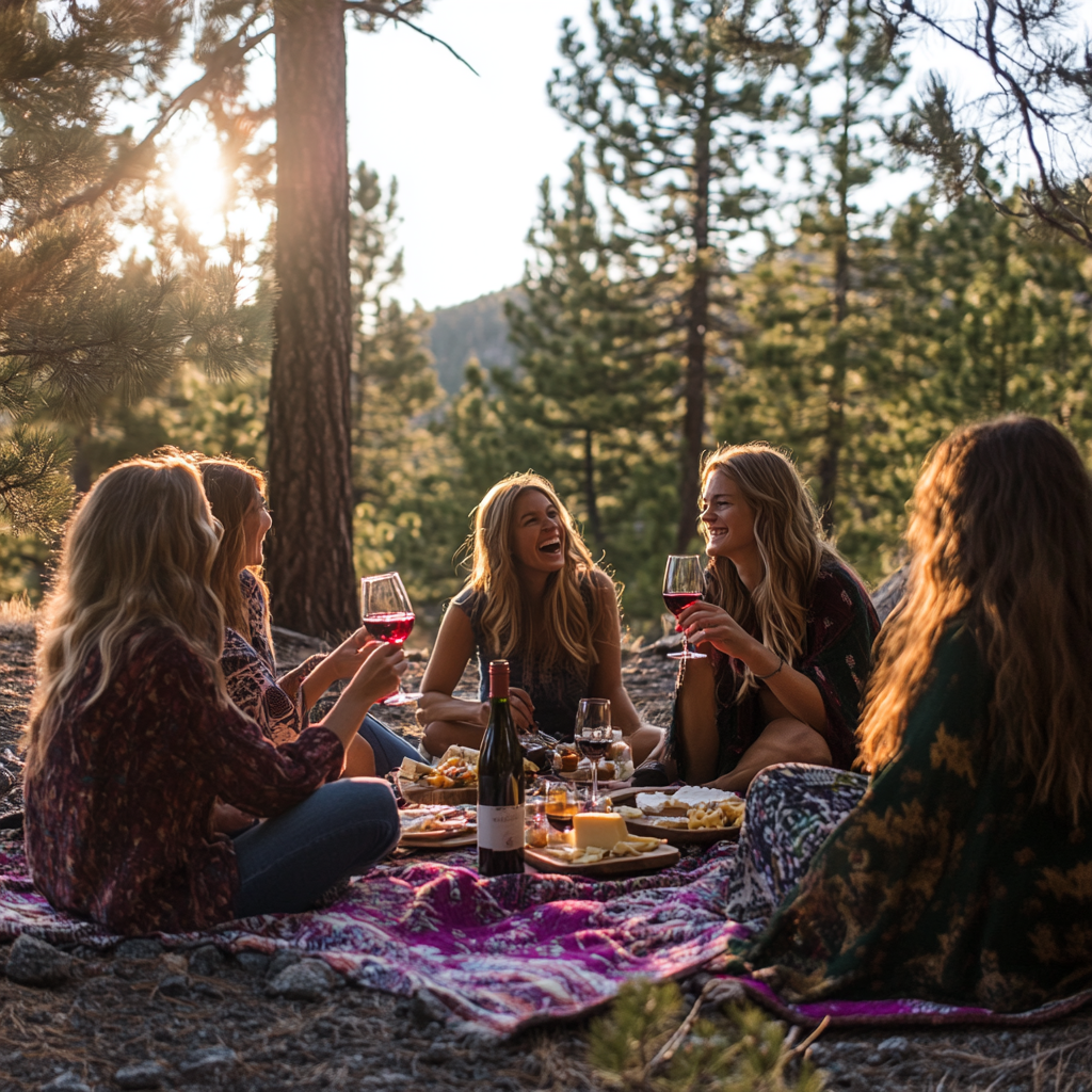 Friends enjoy sunset picnic in forest with wine