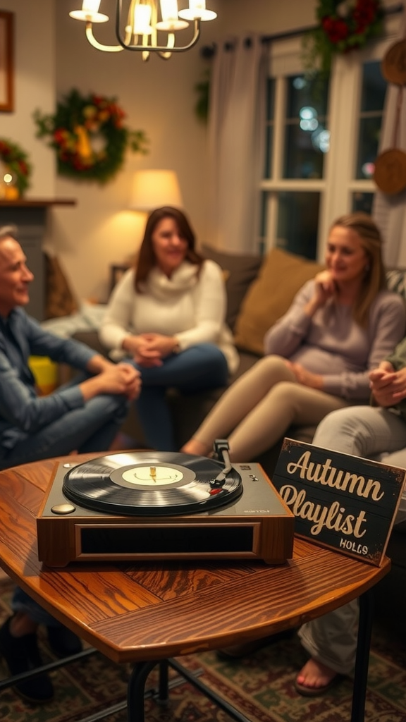 Friends enjoying Thanksgiving in cozy living room.