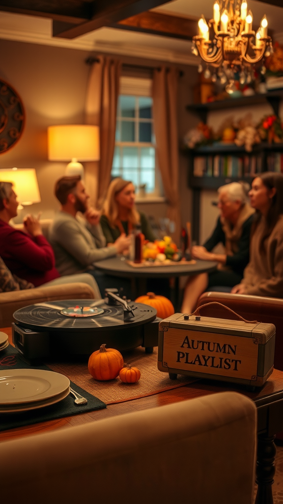 Friends gather for cozy Thanksgiving party, enjoying music.