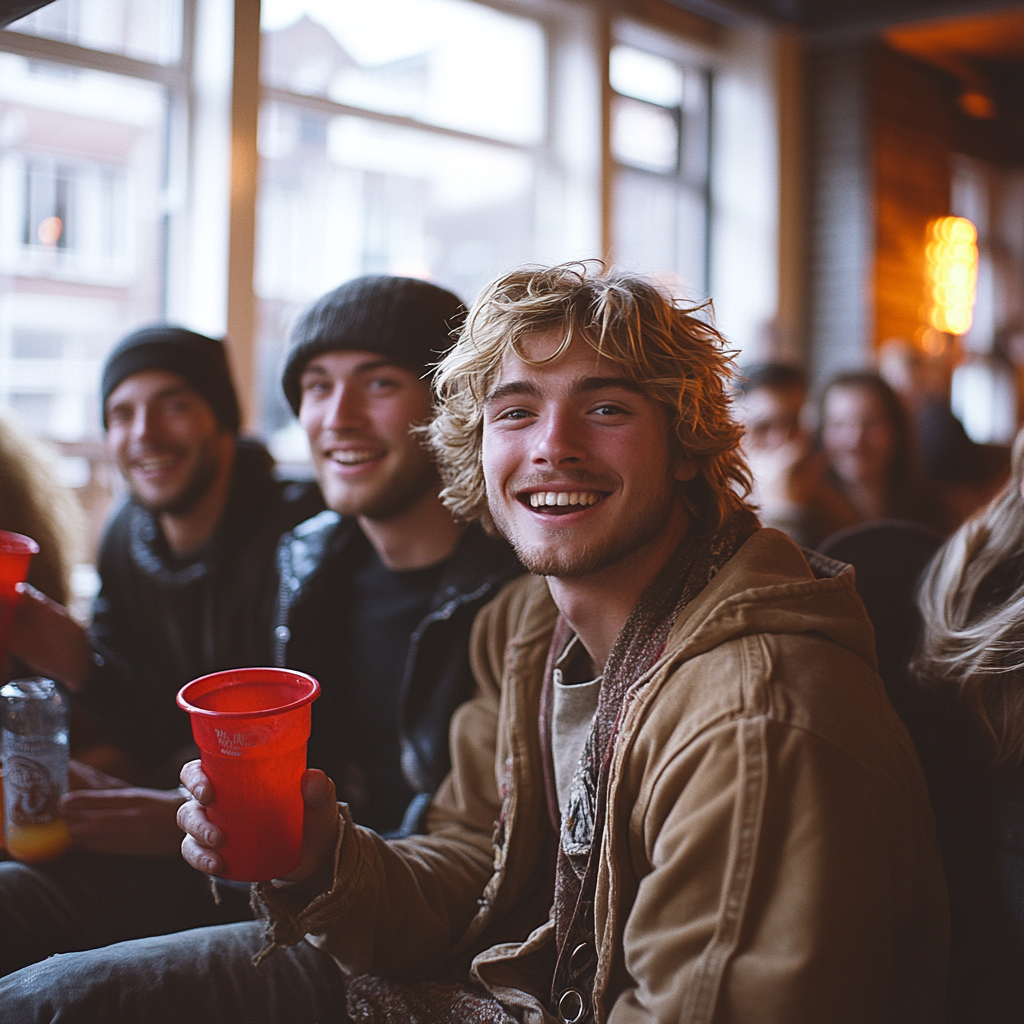 Friends laughing, drinking at urban house party